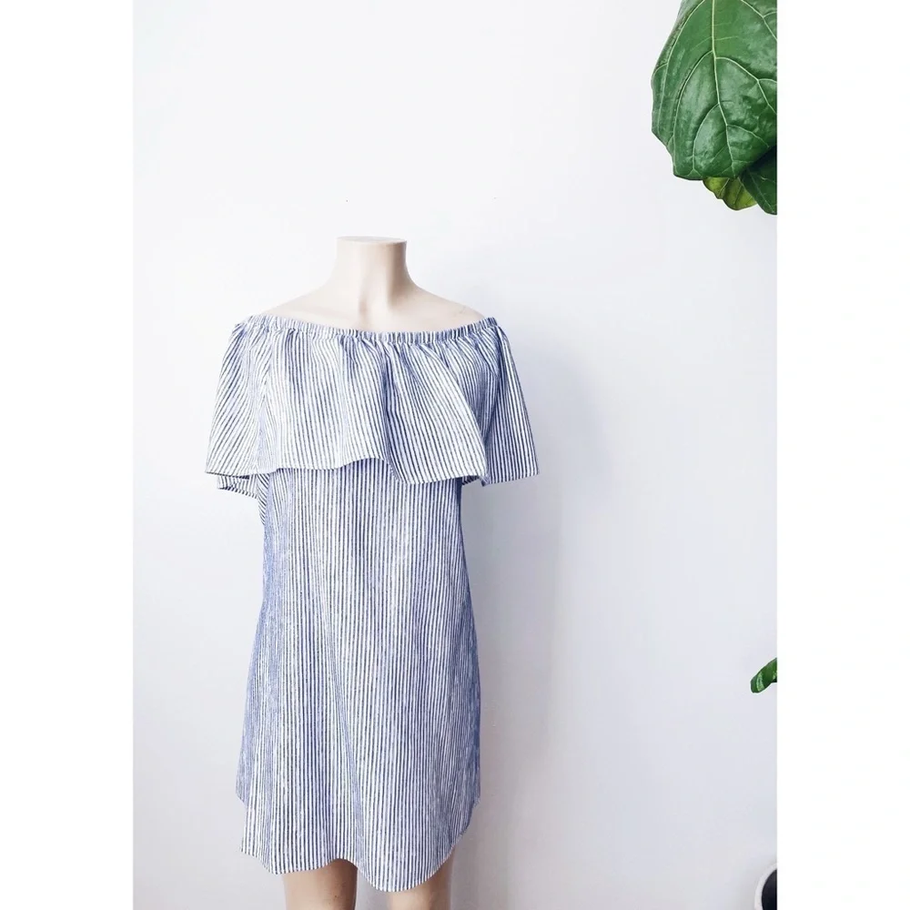 J.crew Striped Blue & White Off shoulder Dress boho Beachy Leisure relaxed Fit